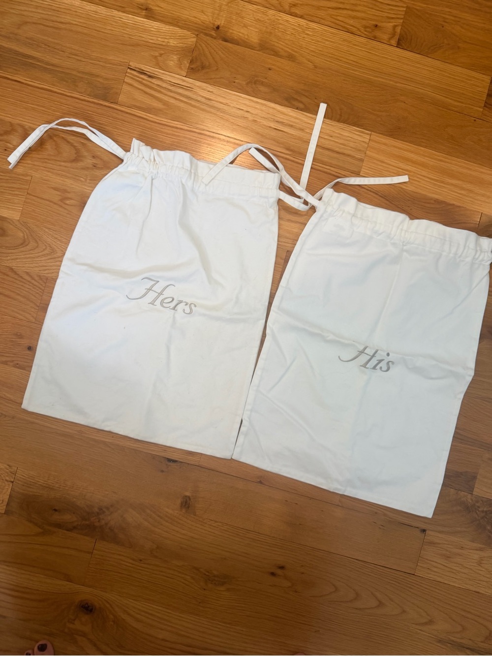 PotteryBarn His & Hers White Drawstring Travel Laundry Bags